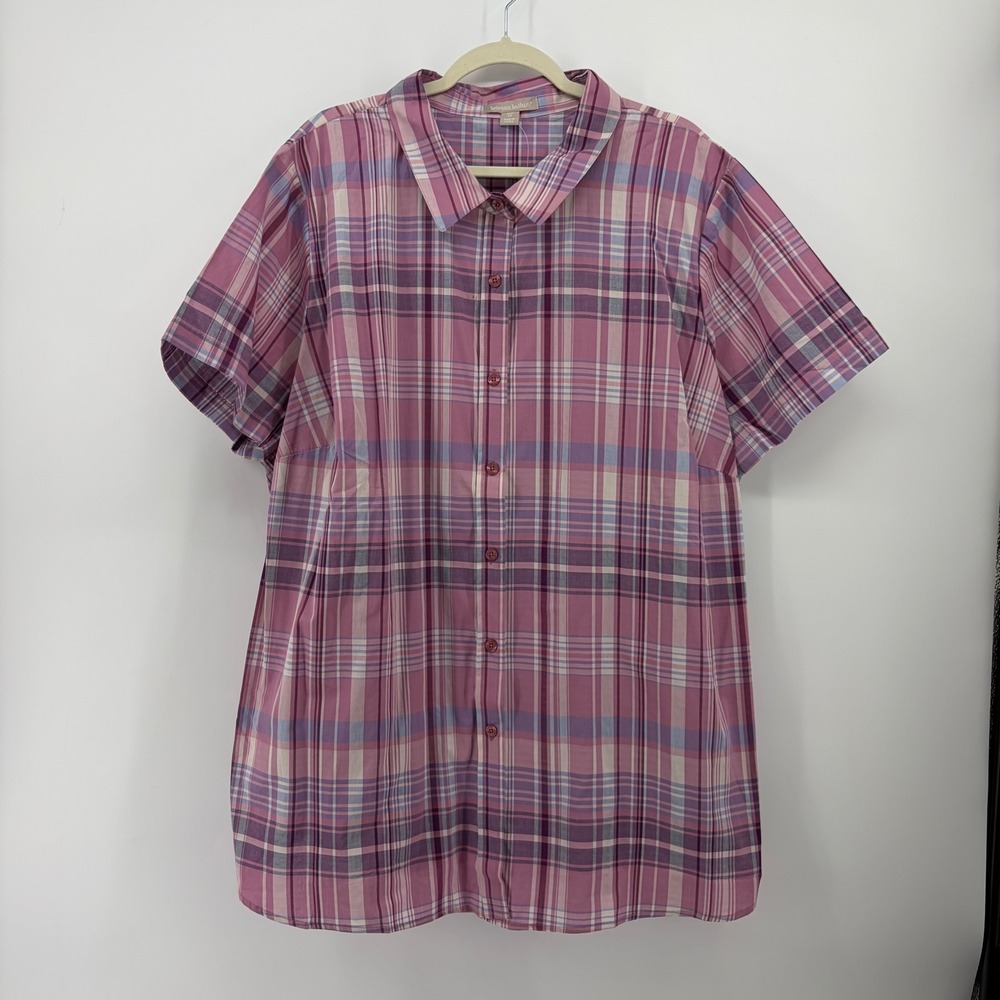 Woman Within Womens 3X Purple Plaid Short Sleeve Button Down Cotton Shirt